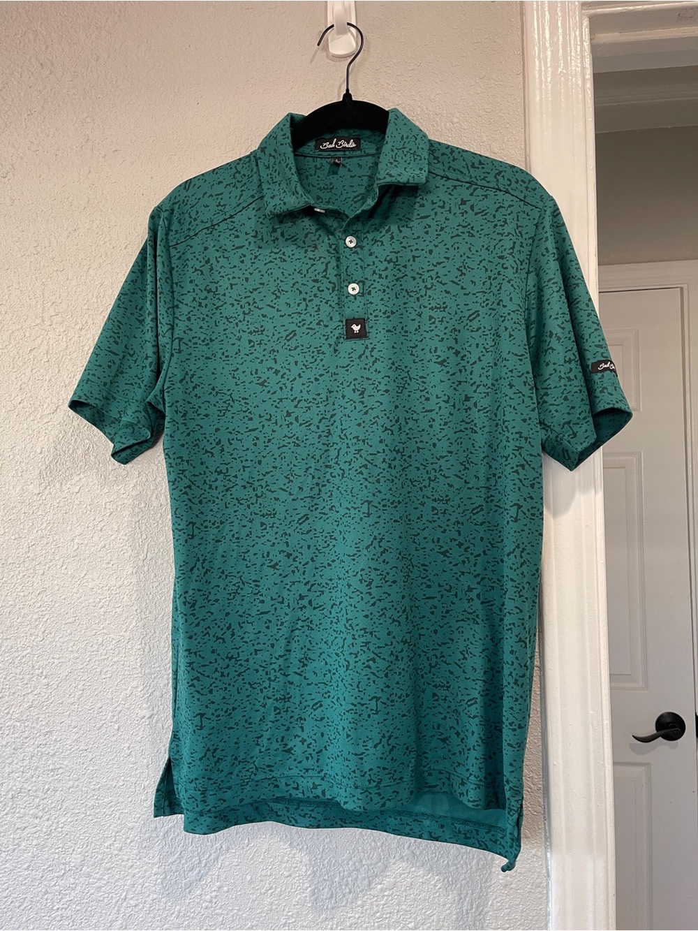 Bad Birdie Men’s Golf Polo Teal Green Black Speckled Print Size S